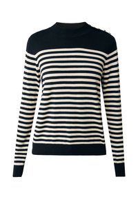 Maglione a righe in blu navy e crema, con collo tondo, maniche lunghe, bordi a costine e bottoni decorativi sulla spalla.