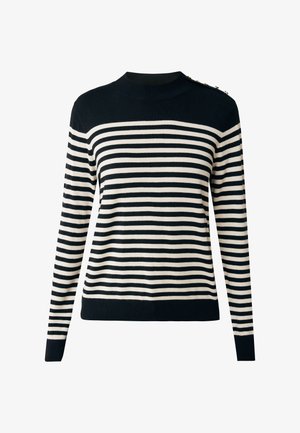 Pull rayé en bleu marine et crème, avec un col rond, des manches longues, des bords côtelés et des boutons décoratifs à l'épaule.