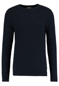 Marinblå texturerad tröja med långa ärmar och rund hals. Tyget har horisontella ribbdetaljer över hela ytan.