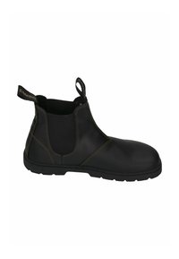 Botas de tobillo de cuero negro con paneles elásticos laterales, costuras en marrón contrastante y tiradores para facilitar el uso, con puntera redonda y suela de goma.
