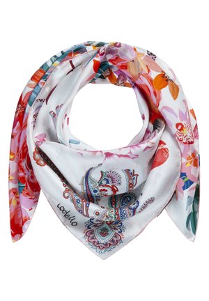 Foulard en soie avec des motifs floraux et cachemire colorés sur fond blanc, plié en forme triangulaire.