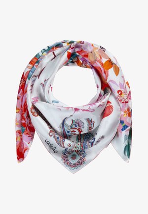 Foulard en soie avec des motifs floraux et cachemire colorés sur fond blanc, plié en forme triangulaire.