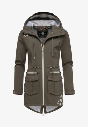 Khaki wodoodporny kurtka z kapturem, z zamek z przodu i wieloma kieszeniami. Posiada szare podszewkę i akcenty w geometryczny wzór.