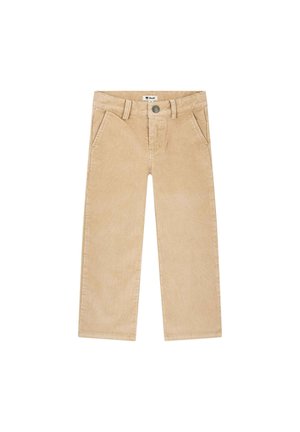 Beige Cord-Hosen mit geradem Schnitt, ausgestattet mit vorderen Taschen und einem Metallknopfverschluss. Hergestellt aus strukturierter Kordelstoff.