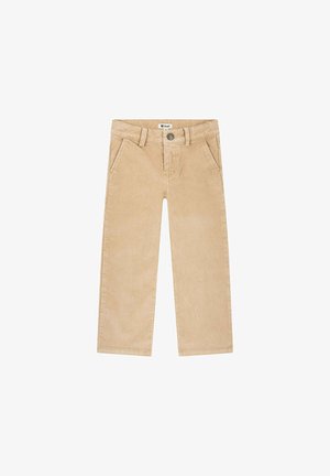 Pantalones de pana beige con corte recto, que presentan bolsillos frontales y cierre de botón metálico. Fabricados en tejido de pana texturizado.