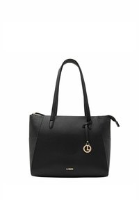 Borsa tote in pelle nera con pannelli testurizzati, doppie maniglie, finiture in oro e un ciondolo con la lettera 'L'. Chiusura superiore con zip.