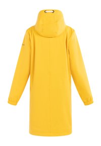 Impermeabile giallo con cappuccio, polsini elasticizzati e design dritto. Presenta un retro semplice senza decorazioni.