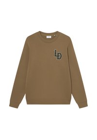 Sweatshirt marron en mélange de coton, avec un col rond, des manches longues et un logo texturé "LD" en vert foncé sur la poitrine gauche.