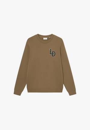Brązowy sweatshirt wykonany z mieszanki bawełny, z okrągłym dekoltem, długimi rękawami oraz teksturowanym logo "LD" w ciemnozielonym kolorze po lewej stronie klatki piersiowej.