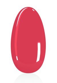 Leuchtend pinkfarbener Nagellack-Swatch, glänzende Oberfläche, ovale Form, glatte Textur, reflektiert Licht, zeigt lebendige Farbe und Glanz.