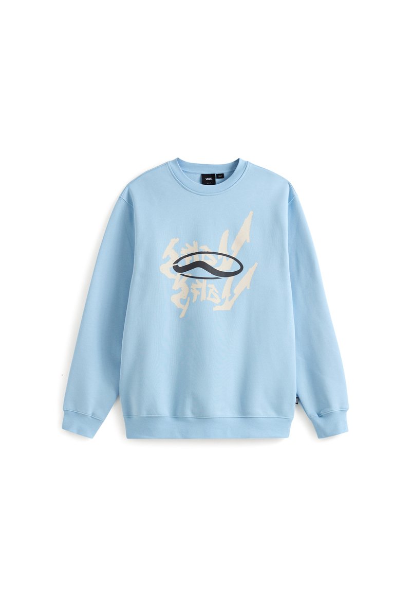 Felpa azzurro chiaro realizzata in tessuto morbido, con collo rotondo, maniche lunghe e una grande grafica astratta crema e nera sul fronte.