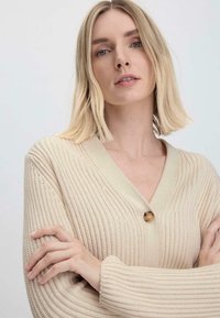 Helle beige strickjacke mit V-Ausschnitt und einem einzigen runden Knopf. Die Textur weist vertikale Streifen und gerippte Ärmelenden auf.