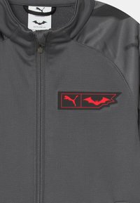 Grau zip-up Jacke aus strukturiertem Stoff mit einem roten und schwarzen Logodesign, das ein Puma-Logo und eine Fledermaus-Silhouette enthält.