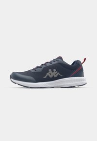 Navy athletic shoe featuring a textured mesh upper, white sole, red accents, and a prominent grey logo on the side. Designed for comfort and performance.