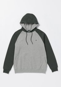 Sudadera gris y verde oscuro con un bolsillo tipo canguro, cordones y mangas raglán. Tejido suave con una textura lisa. Pequeño logo en el pecho.