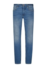Blauwe denim jeans met een slim fit. Kenmerken zijn een ritsgulp, riemlussen en subtiele slijtage. Klassiek vijf-pocket ontwerp.