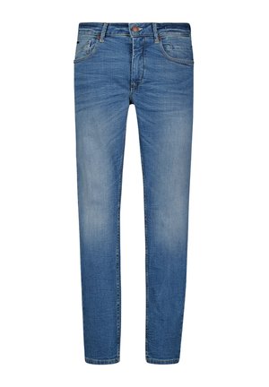 Blue denim jeans with a slim fit. Features include a zip fly, belt loops, and subtle fading. Classic five-pocket design.