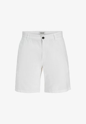 Bílé šortky vyrobené z lehkého materiálu, s předním zapínáním na knoflík, poutky na opasek a klasickým střihem s plochým předním dílem.