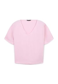 Blusa rosa a maniche corte con scollatura a V, realizzata in un tessuto leggero e morbido con una leggera lucentezza. Senza pattern né dettagli aggiuntivi.