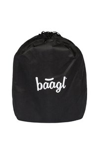 Borsa a tracolla nera realizzata in tessuto resistente, con il logo bianco "baagl" stampato sul davanti, di forma rotonda e con una superficie liscia.