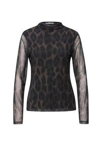 Zwart mesh top met lange mouwen en luipaardprint, voorzien van een hoge halslijn en doorschijnende mouwen. Gemaakt van een lichtgewicht, gestructureerde stof.