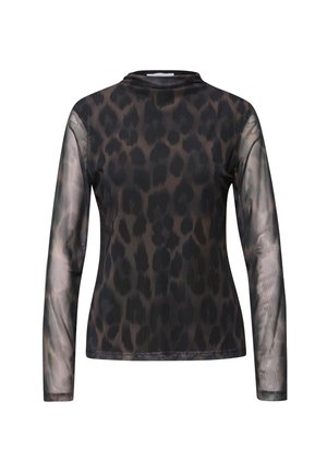 Svart långärmad topp i mesh med leopardmönster, hög krage och genomskinliga ärmar. Texturerat, lättviktigt tyg.