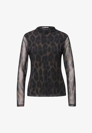 Zwart mesh top met lange mouwen en luipaardprint, voorzien van een hoge halslijn en doorschijnende mouwen. Gemaakt van een lichtgewicht, gestructureerde stof.