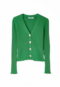 Zelený žebrovaný kardigan s V výstřihem, se pěti strukturovanými knoflíky vpředu a mírně zkráceným lemem.
