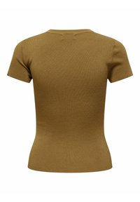 Gebreid top met korte mouwen in aardebruin. Aansluitende silhouet met geribbelde textuur. Eenvoudige ronde halslijn, naadloze schouders, geen zichtbare bevestigingsmiddelen.