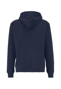 Felpa blu navy, morbido misto cotone, tasca a marsupio, polsini e orlo a coste, cappuccio regolabile con cordino, retro semplice, vestibilità comoda.