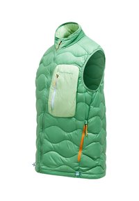Grüne, puffige Weste mit einem gesteppten Design, hohem Kragen, Reißverschlusstasche auf der Brust und orangen Reißverschlussakzenten. Leichtes Material, ärmelloser Stil.