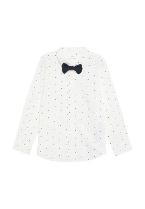 Biała koszula zapinana na guziki w granatowe kropki oraz pasujący muszka. Długie rękawy i standardowy kołnierzyk. Wykonana z bawełny.