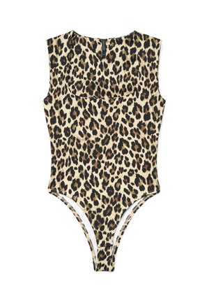 Body senza maniche con stampa leopardata, scollo quadrato arrotondato e aperture sottili sulle gambe, in tonalità beige, marrone e nero.