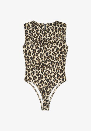 Body senza maniche con stampa leopardata, scollo quadrato arrotondato e aperture sottili sulle gambe, in tonalità beige, marrone e nero.
