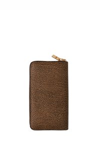 Brown textured wallet with a zip closure, featuring a pebble-like pattern and a gold hardware accent. Compact rectangular shape.