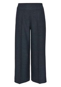Pantalons larges en tissu gris foncé avec une finition texturée, dotés d'une taille haute et de plis subtils pour plus de détails.