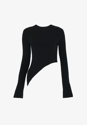 Black ribbed long-sleeve top with an asymmetrical hemline, featuring a round neckline and fitted silhouette. Textured fabric enhances depth.