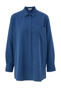 Chemise bleu marine à manches longues avec boutons, une seule poche poitrine et un col classique, présentée sur fond blanc.
