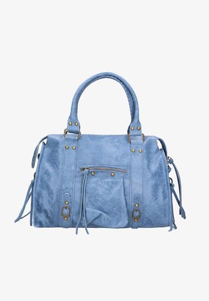 Blaue Kunstleder-Handtasche mit zwei oberen Griffen, dekorativem Fransen, Front-Reißverschlussfach und Messing-Akzenten. Strukturierte Oberfläche.