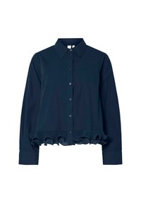 Donker marineblauwe blouse met lange mouwen, knoopsluiting, kraag en rimpeldetail aan de zoom.