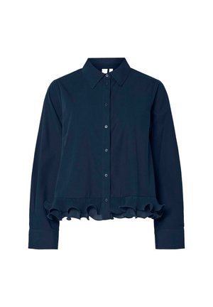 Donker marineblauwe blouse met lange mouwen, knoopsluiting, kraag en rimpeldetail aan de zoom.