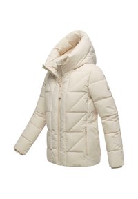 Veste matelassée beige clair avec un col haut, fermeture éclair et un motif en quadrillage diagonal. Elle dispose de deux poches latérales et d'une coupe ajustée.