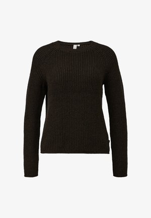 Tamsiai rudas megztinis su ilgomis rankovėmis, apvaliu kaklu ir raštuotu paviršiumi, pristatytas prieš baltą foną.