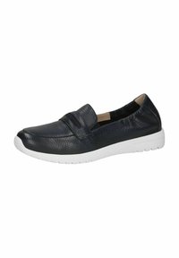 Tengerészkék bőr slip-on cipő sima felülettel, fehér gumitalppal és dupla pántos részletekkel a felső részen. Kerek orrú dizájn.