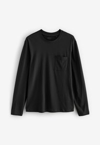 Zwart langemouwen T-shirt gemaakt van zacht katoen, met een ronde hals en een borstzak aan de linkerkant. Geen patronen of versieringen.