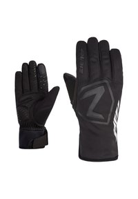 Schwarze Winterhandschuhe mit strukturiertem Griff, elastischem Handgelenk und reflektierendem Logo. Sie verfügen über ein glattes Gewebe und verstärkte Hände für Langlebigkeit.