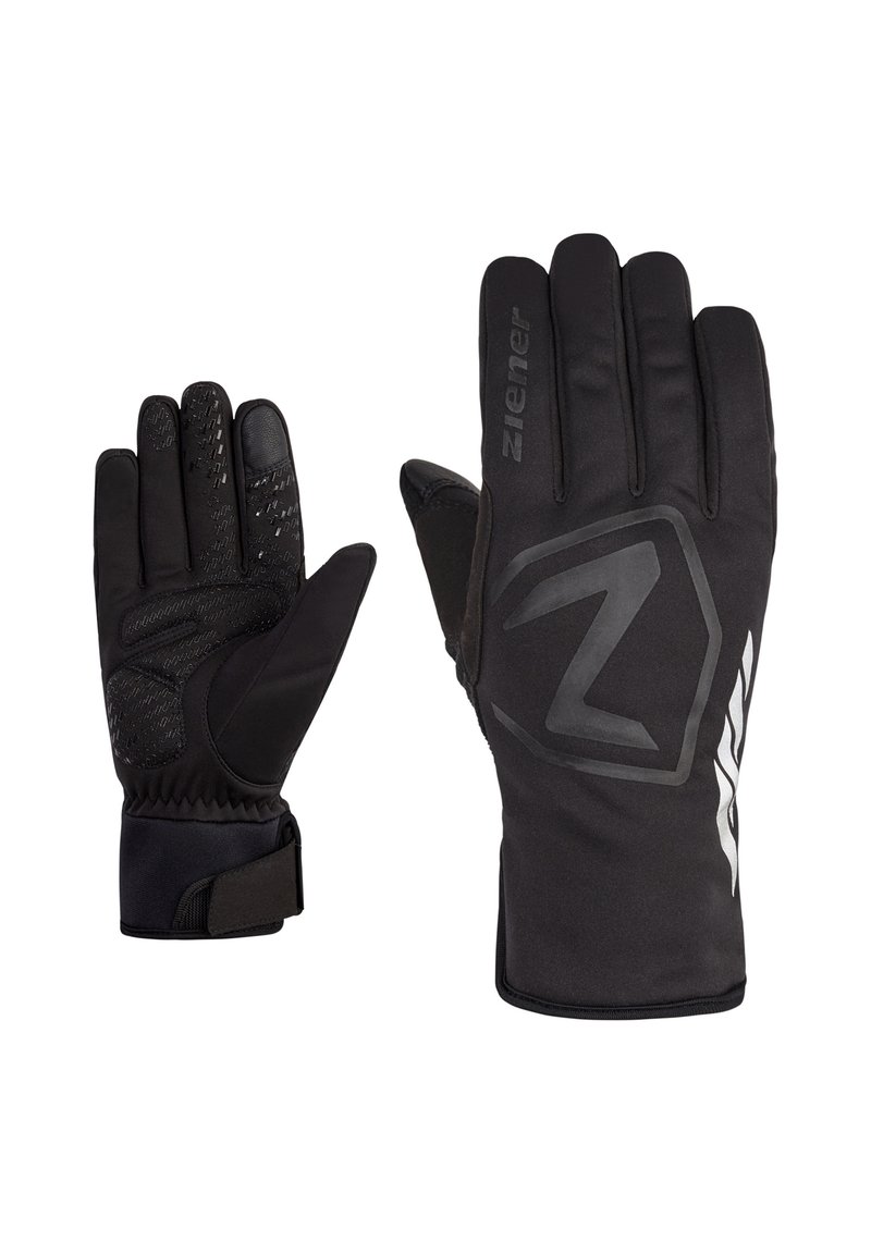 Schwarze Winterhandschuhe mit strukturiertem Griff, elastischem Handgelenk und reflektierendem Logo. Sie verfügen über ein glattes Gewebe und verstärkte Hände für Langlebigkeit.