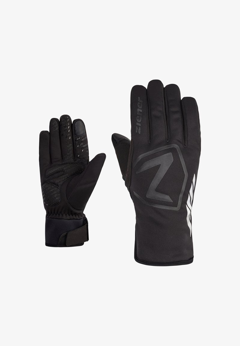 Schwarze Winterhandschuhe mit strukturiertem Griff, elastischem Handgelenk und reflektierendem Logo. Sie verfügen über ein glattes Gewebe und verstärkte Hände für Langlebigkeit.