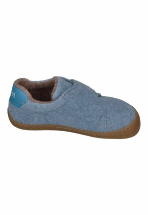Soft blue slip-on slipper with brown rubber sole and warm fuzzy brown lining, shown from the side on a white background.