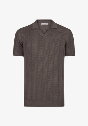 Lühikeste varrukatega pruunist kudumist polo särk, millel on tekstuuriga muster, V-kaelus ja klassikaline krae. Sobib igapäevaseks kandmiseks.